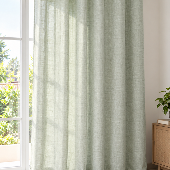 Sage green slub linen look sheer eyelet window curtain panel filtering sunlight gracefully