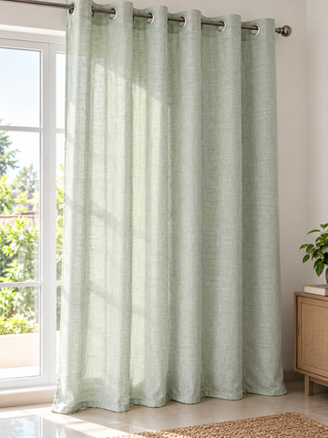 Sage green slub linen look sheer eyelet window curtain panel filtering sunlight gracefully