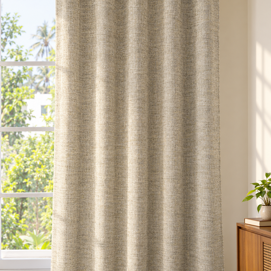 Oatmeal heather slub woven eyelet curtain panel showing rich textured fabric against window