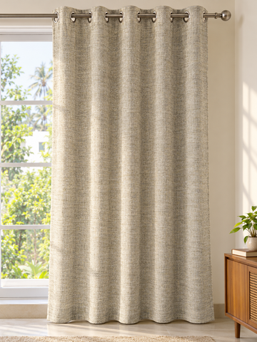 Oatmeal heather slub woven eyelet curtain panel showing rich textured fabric against window