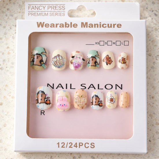 Fancy Press cute capybara and bunny 3D charm press on nail set in window box display