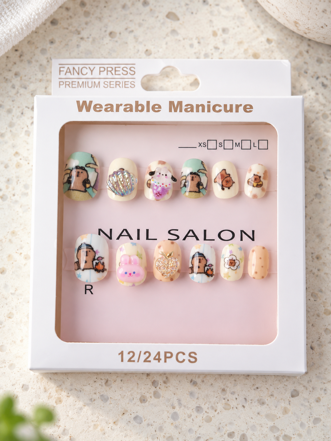 Fancy Press cute capybara and bunny 3D charm press on nail set in window box display