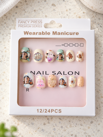 Fancy Press cute capybara and bunny 3D charm press on nail set in window box display