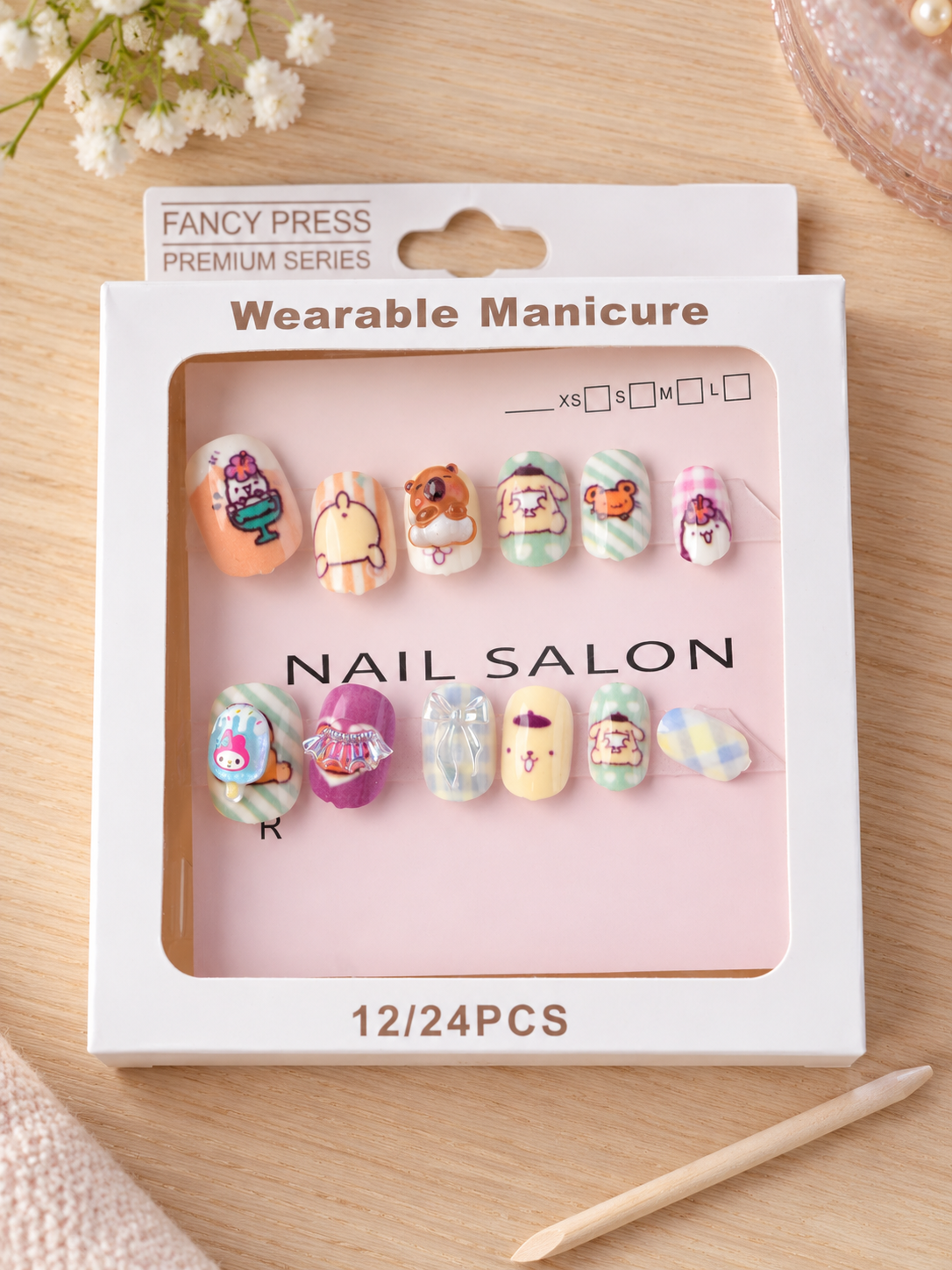 Fancy Press cute puppy and bunny ice cream 3D charm press on nail set in retail display packaging