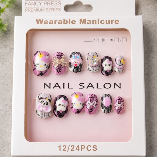 Fancy Press kawaii kitten and panda 3D charm press on nail set in retail window packaging