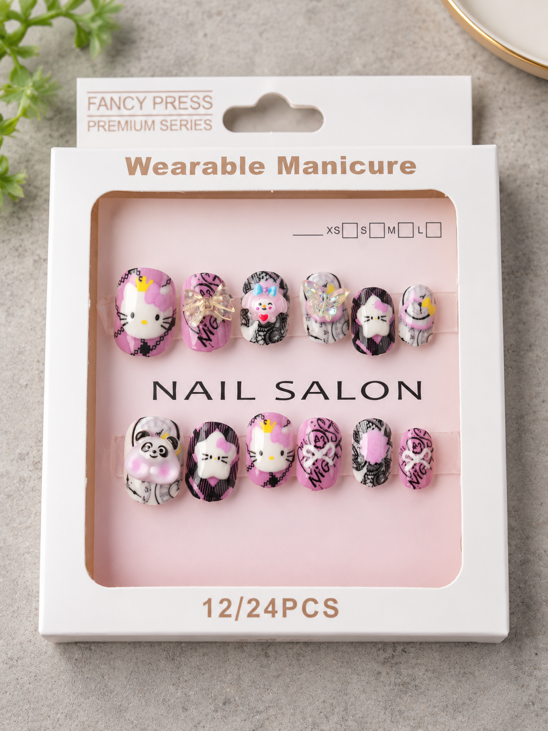 Fancy Press kawaii kitten and panda 3D charm press on nail set in retail window packaging