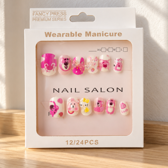 Fancy Press strawberry bear and ribbon 3D charm press on nail set in pink presentation box