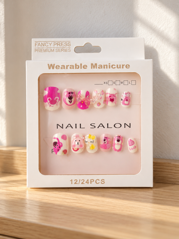 Fancy Press strawberry bear and ribbon 3D charm press on nail set in pink presentation box