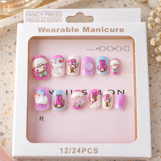 Fancy Press sweet bunny and seashell 3D charm press on nail set in clear window box packaging
