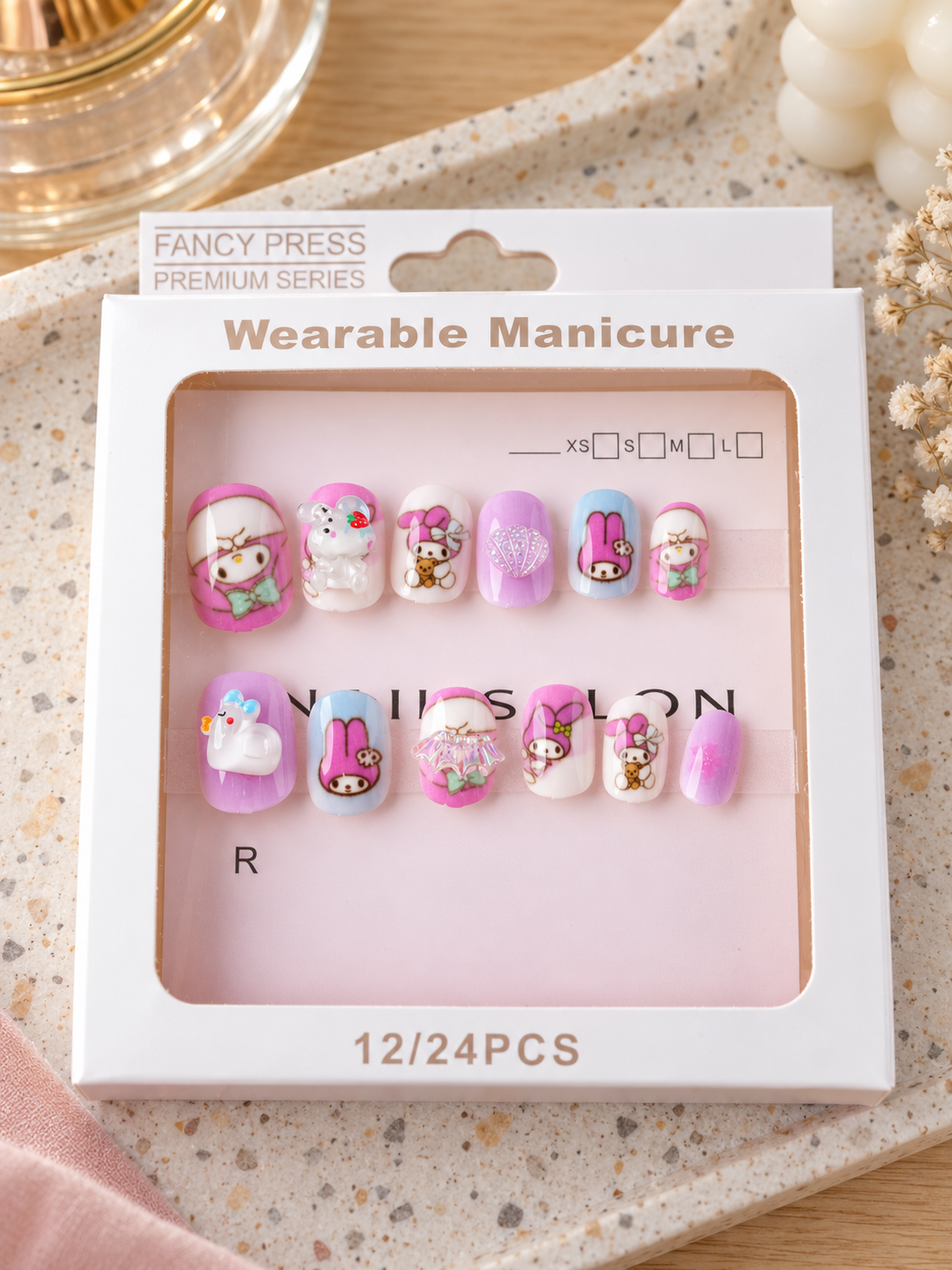 Fancy Press sweet bunny and seashell 3D charm press on nail set in clear window box packaging
