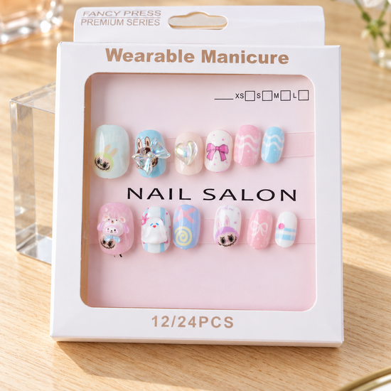 Fancy Press pastel teddy and duckling 3D charm press on nail set in retail display box