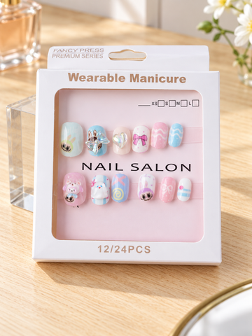 Fancy Press pastel teddy and duckling 3D charm press on nail set in retail display box
