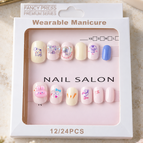 Fancy Press baby blue bunny and bear 3D charm press on nail set in retail window package
