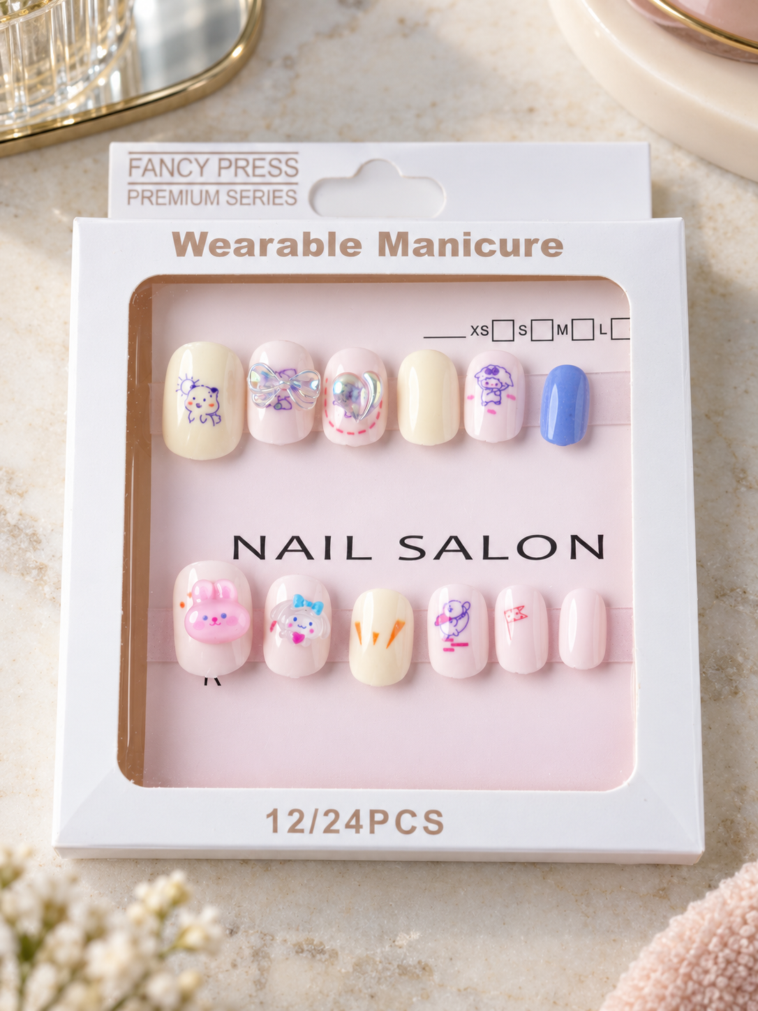 Fancy Press baby blue bunny and bear 3D charm press on nail set in retail window package