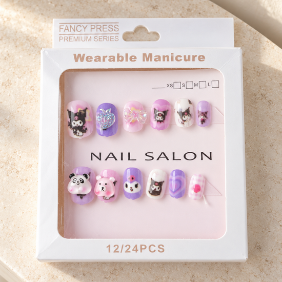 Fancy Press purple panda and bear 3D charm press on nail set in retail display packaging
