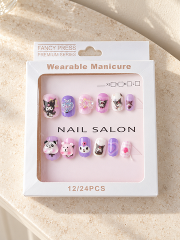 Fancy Press purple panda and bear 3D charm press on nail set in retail display packaging
