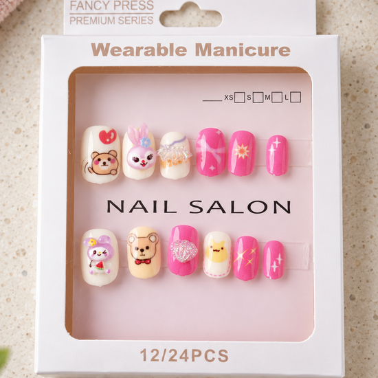 Fancy Press Barbie pink teddy and bunny 3D charm press on nail set in retail presentation box