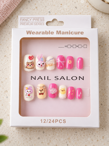 Fancy Press Barbie pink teddy and bunny 3D charm press on nail set in retail presentation box