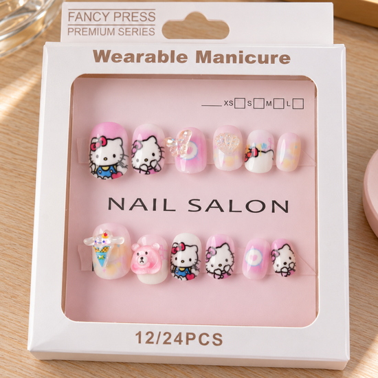 Fancy Press sweet kitty and gummy bear 3D charm press on nail set in retail window display packaging