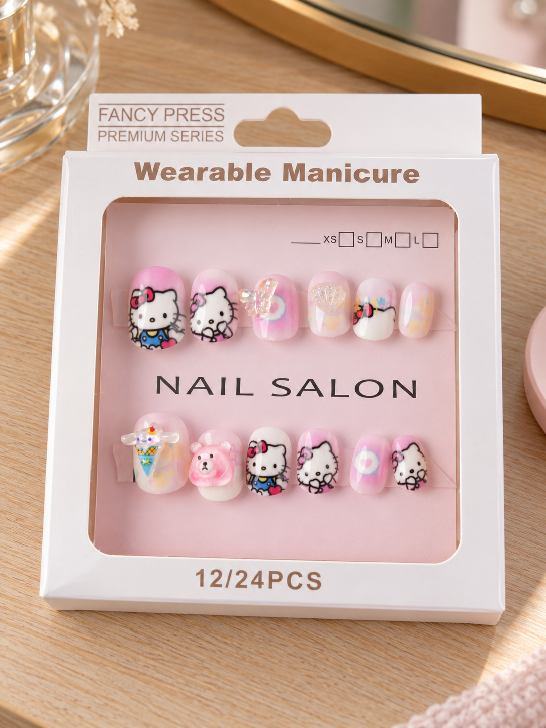 Fancy Press sweet kitty and gummy bear 3D charm press on nail set in retail window display packaging