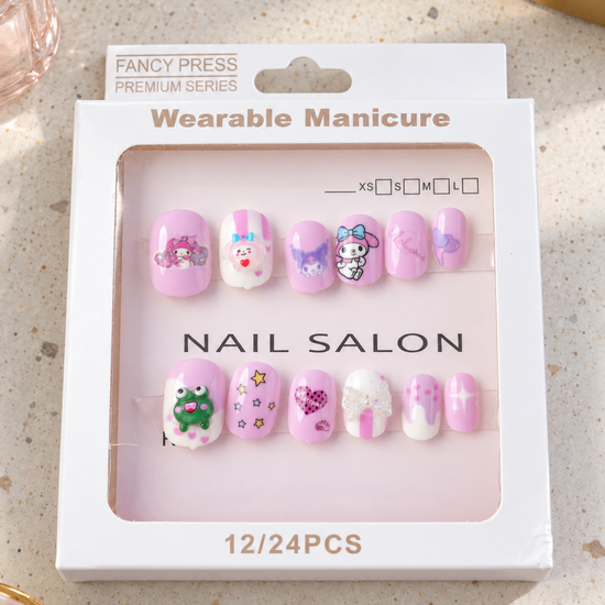 Fancy Press pink bunny and frog 3D charm press on nail set in retail window package