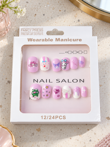 Fancy Press pink bunny and frog 3D charm press on nail set in retail window package