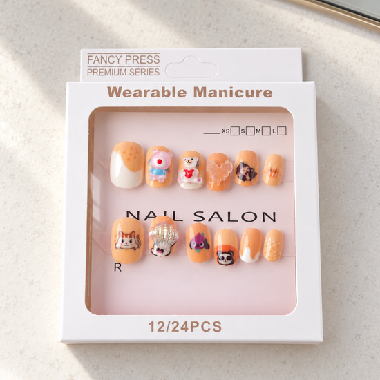 Fancy Press peach puppy and teddy bear 3D charm press on nail set in retail presentation box