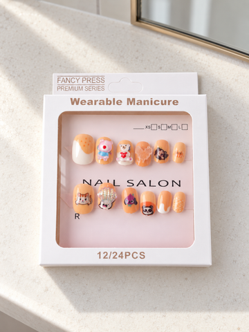 Fancy Press peach puppy and teddy bear 3D charm press on nail set in retail presentation box