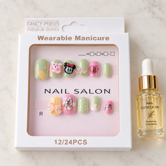 Fancy Press mint green cartoon 3D charm press on nail set with included bottle of nourishing cuticle oil