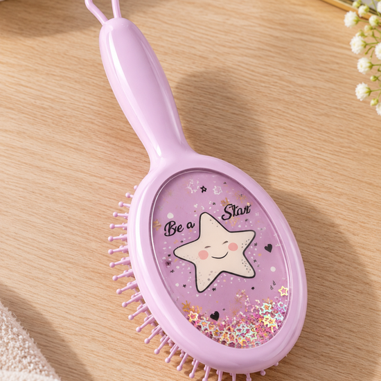 Lavender Be a Star glitter shaker cushion paddle hair brush with floating colorful star glitter and hanging loop
