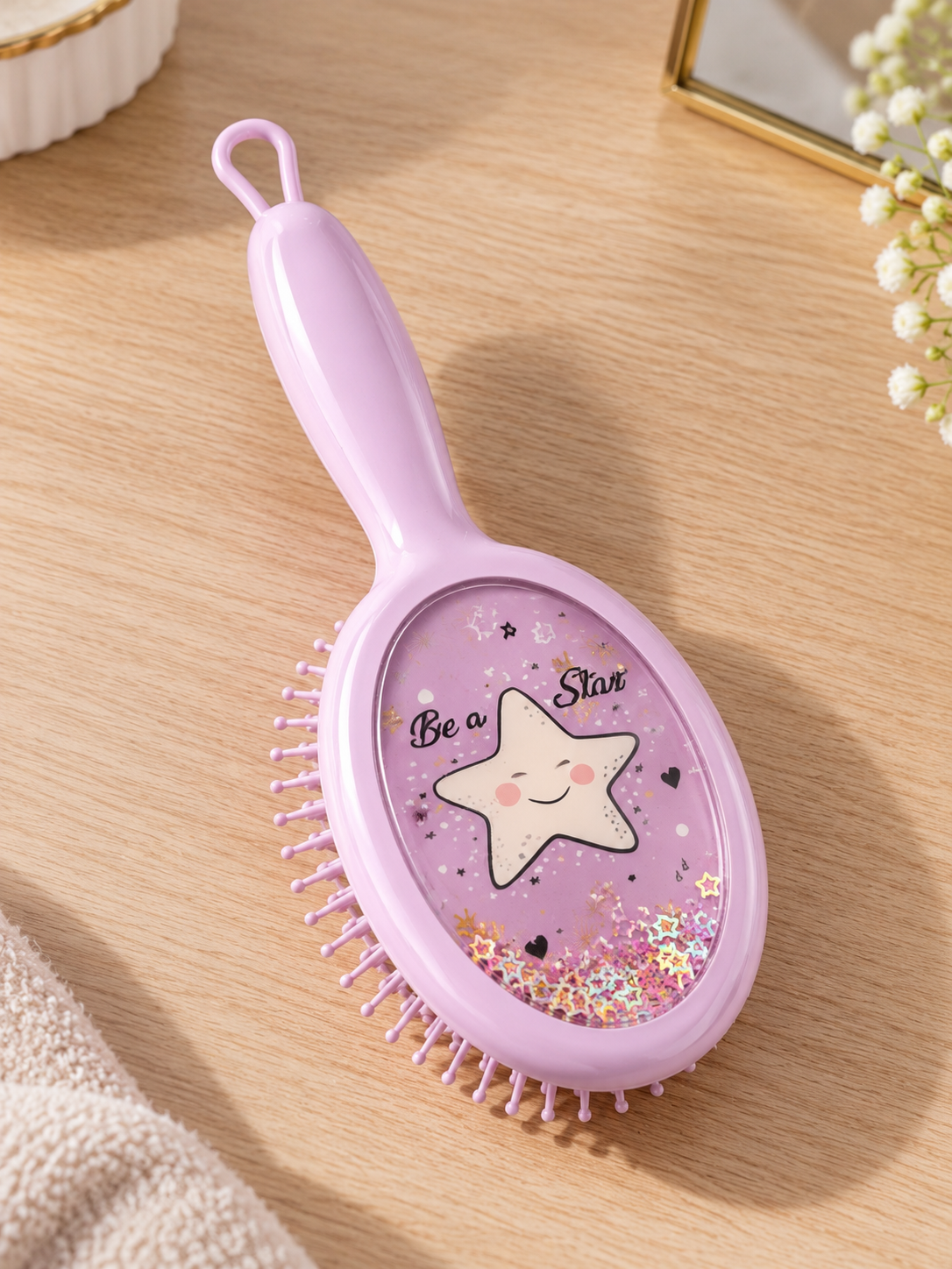 Lavender Be a Star glitter shaker cushion paddle hair brush with floating colorful star glitter and hanging loop