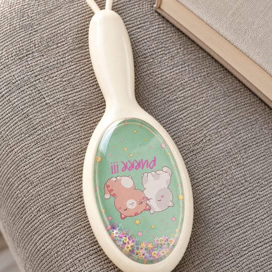 Cream Purrr cuddling kittens glitter shaker cushion paddle hair brush showing sleeping cats and floating stars