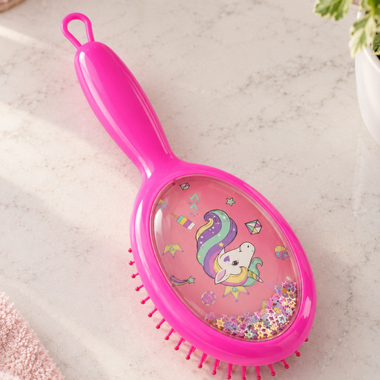 Hot Pink magical unicorn glitter shaker cushion paddle hair brush with floating colorful star glitter