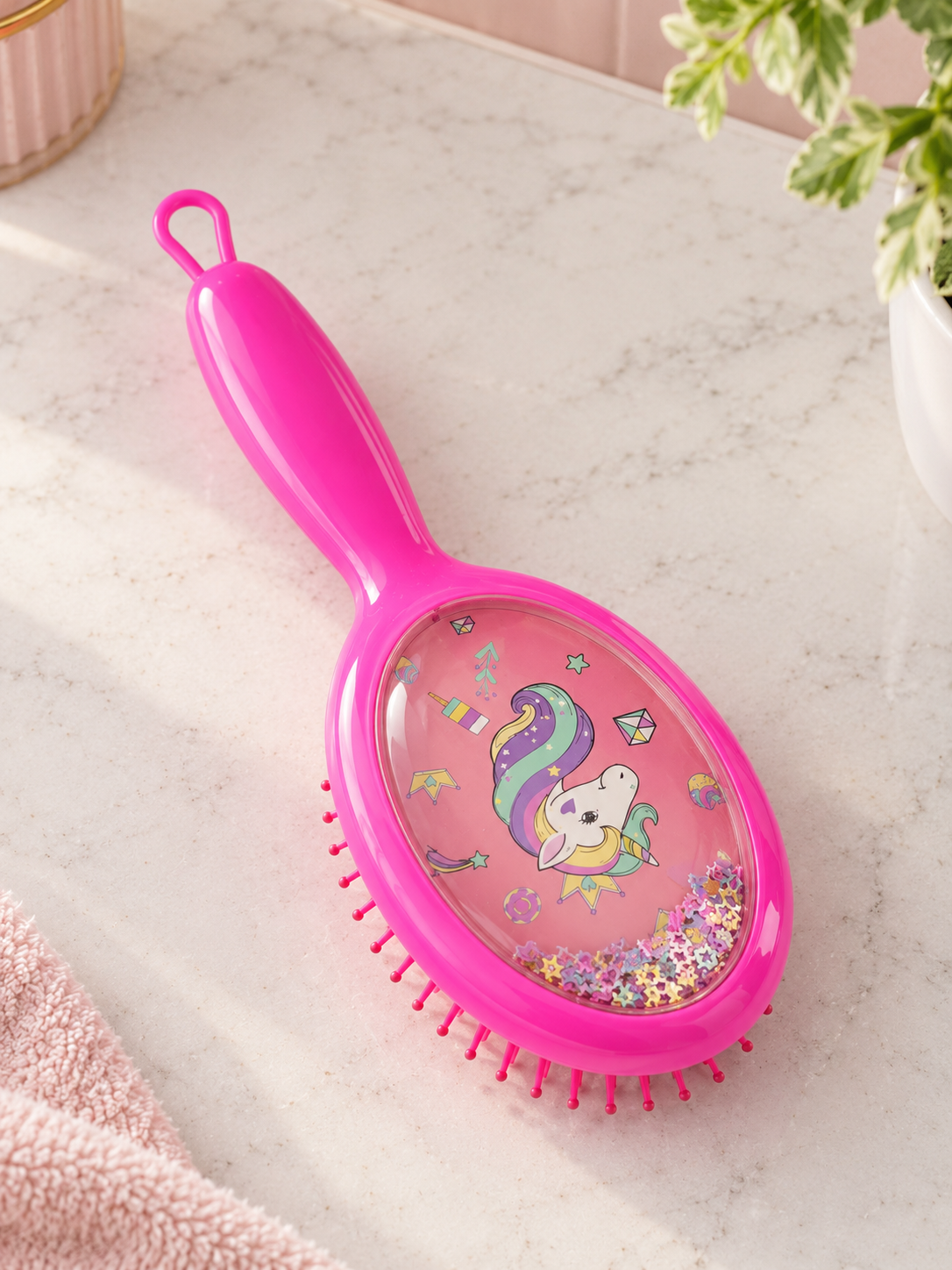 Hot Pink magical unicorn glitter shaker cushion paddle hair brush with floating colorful star glitter