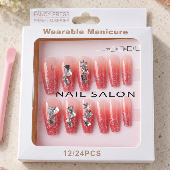Fancy Press ruby red shimmer glitter ombre ballerina coffin press-on nails with sparkling 3D crystal rhinestones