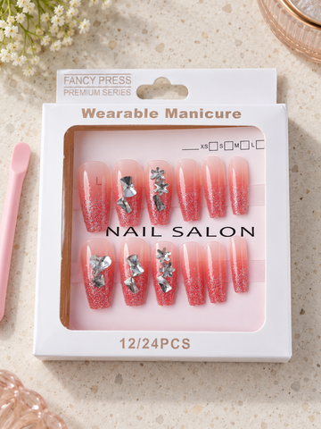 Fancy Press ruby red shimmer glitter ombre ballerina coffin press-on nails with sparkling 3D crystal rhinestones