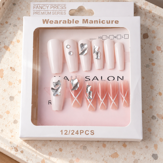 Fancy Press milky white and blush pink criss-cross ribbon coffin press-on nails with silver butterflies and crystals
