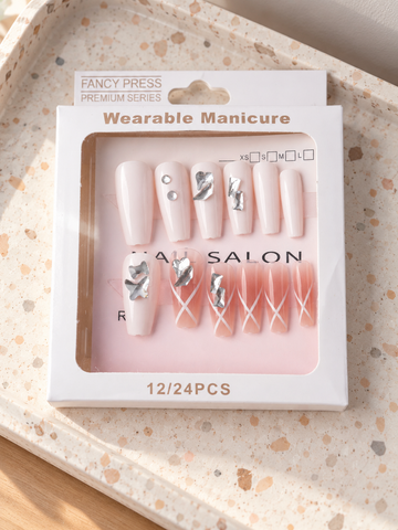 Fancy Press milky white and blush pink criss-cross ribbon coffin press-on nails with silver butterflies and crystals