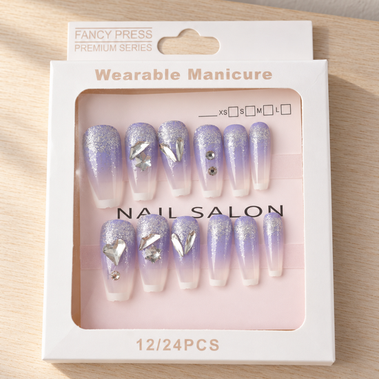 Fancy Press lavender to white ombre coffin press-on nails with silver glitter cuticle dust and 3D crystal hearts
