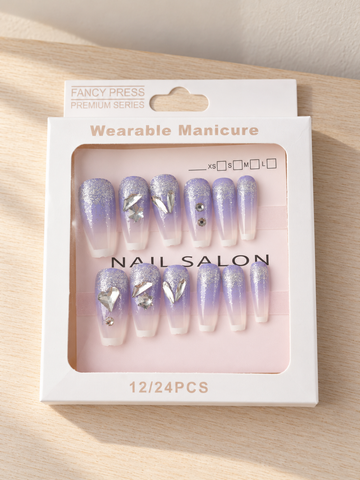 Fancy Press lavender to white ombre coffin press-on nails with silver glitter cuticle dust and 3D crystal hearts