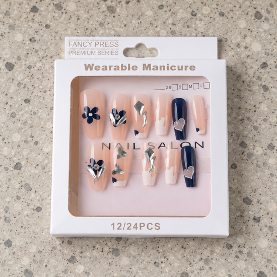Fancy Press navy blue floral and dripping milk white French tip coffin press-on nails with silver butterflies and crystals