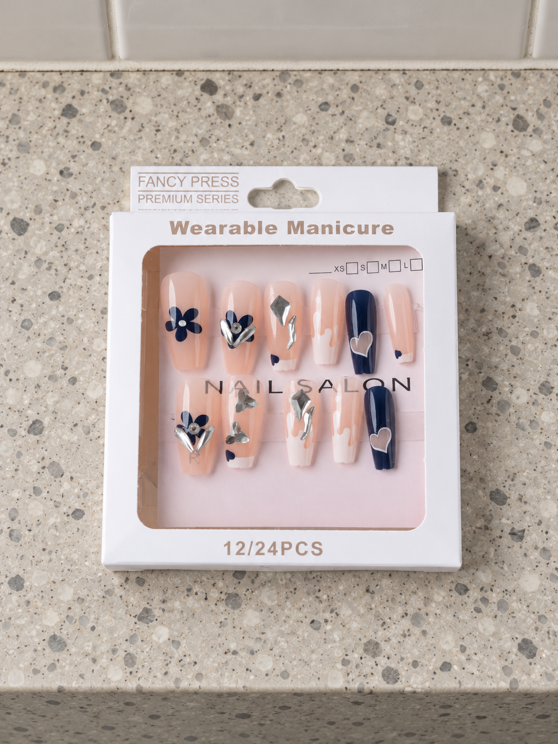 Fancy Press navy blue floral and dripping milk white French tip coffin press-on nails with silver butterflies and crystals
