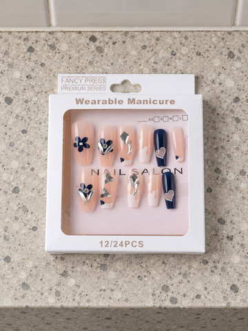 Fancy Press navy blue floral and dripping milk white French tip coffin press-on nails with silver butterflies and crystals