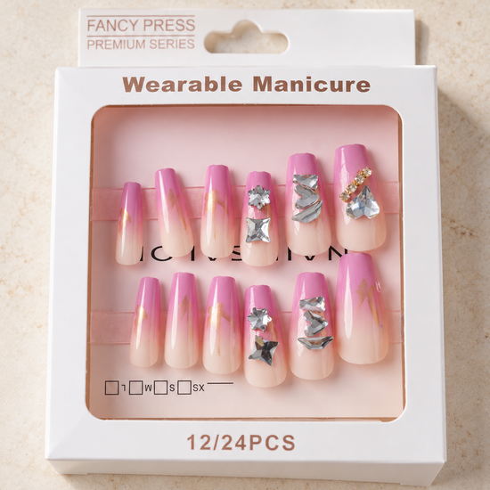 Fancy Press berry pink gold marble and crystal diamond cluster coffin press-on nails