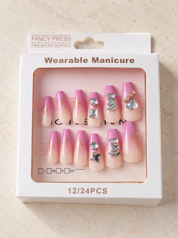 Fancy Press berry pink gold marble and crystal diamond cluster coffin press-on nails