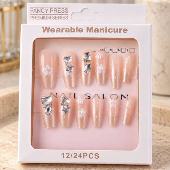 Fancy Press sheer nude white cherry blossom and crystal heart ballerina press-on nails