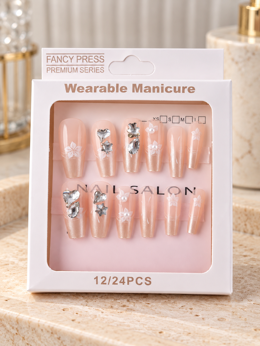 Fancy Press sheer nude white cherry blossom and crystal heart ballerina press-on nails
