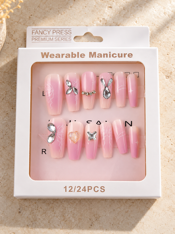 Fancy Press pink aura ombré ballerina press-on nails with white butterfly wings and 3D crystal charms