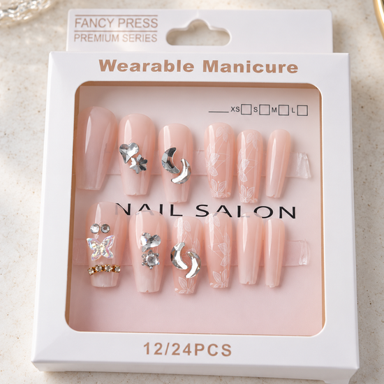 Fancy Press milky white botanical lace and silver crescent moon gemstone coffin press-on nails