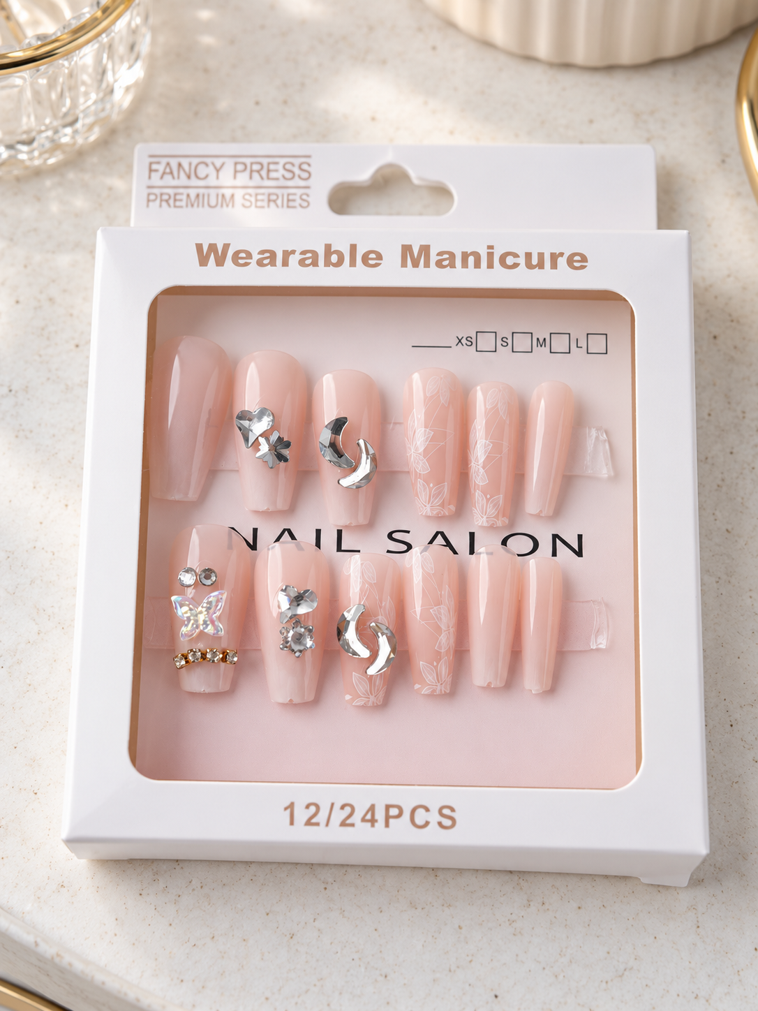 Fancy Press milky white botanical lace and silver crescent moon gemstone coffin press-on nails